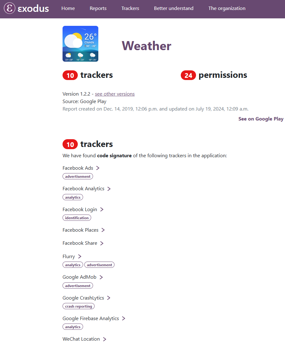 Screenshot of the Exodus Privacy EU website showing the hidden trackers in a weather app