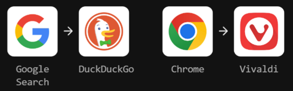 App icons showing search and browser change to DDG and Vivaldi