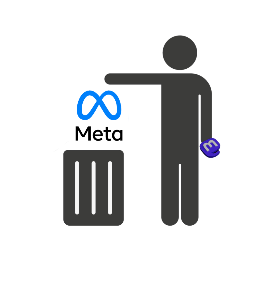 Icon-style person throwing the Meta logo into a bin, and holding the Mastodon logo in their other hand