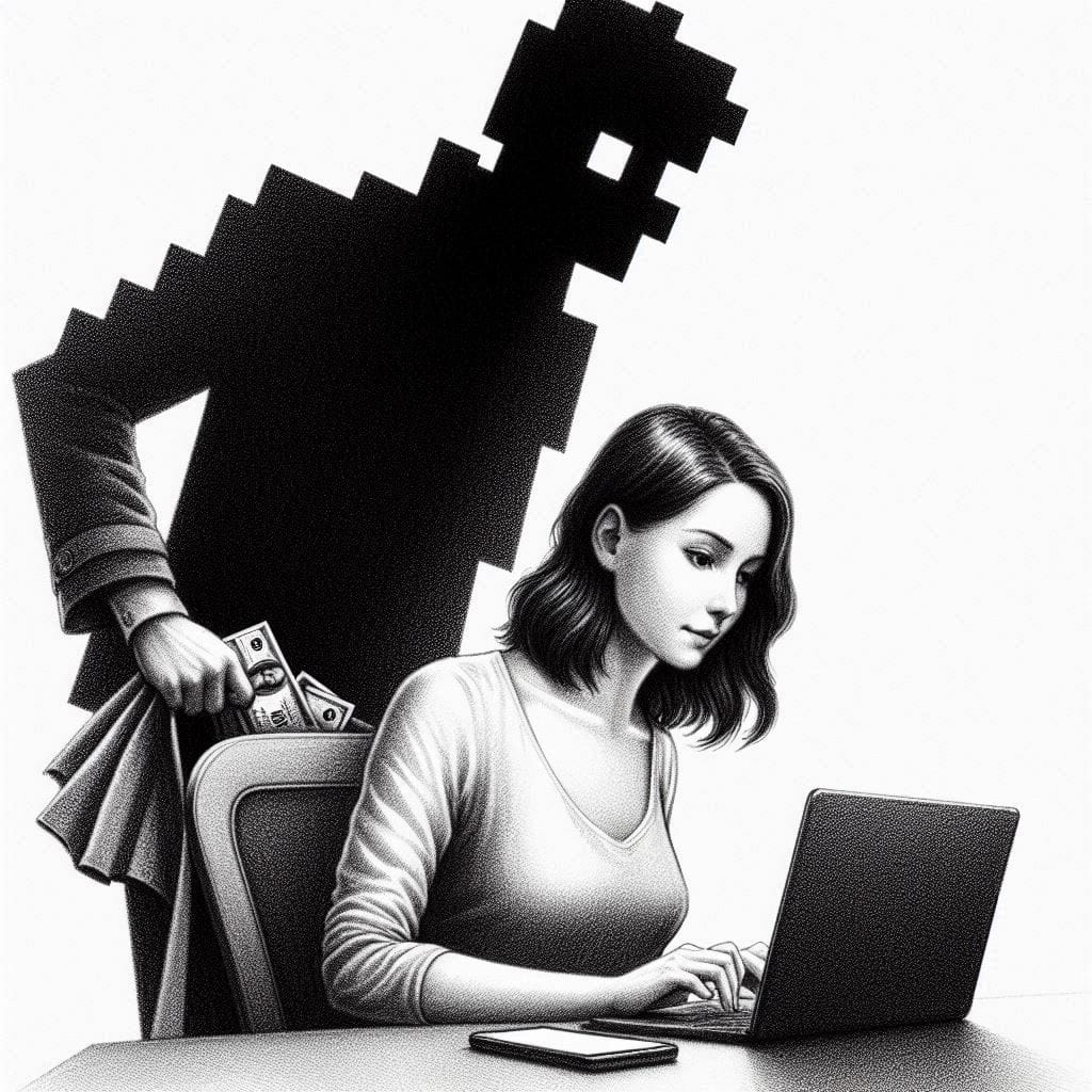 A woman is shopping online with a laptop, but a pixelated man behind her is picking money out of her coat