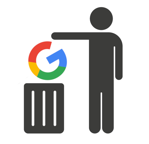 Icon-style image of a person dropping the Google 'G' icon in a bin