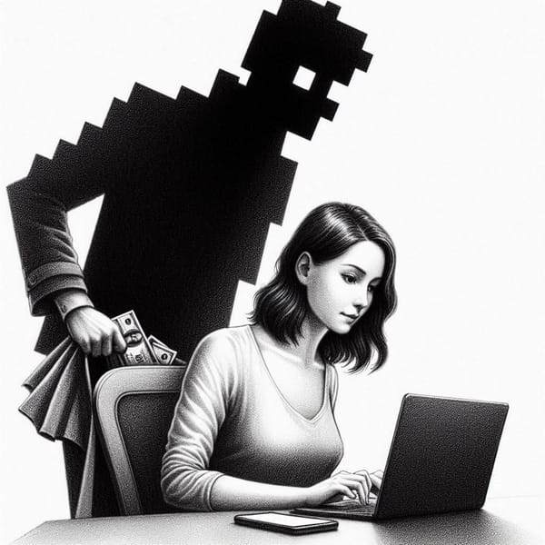 A woman is shopping online with a laptop, but a pixelated man behind her is picking money out of her coat