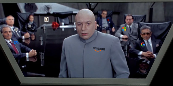 A picture of Dr Evil and his henchmen addressing the camera via a video call